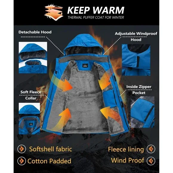 Men's Winter Blue Jackets Waterproof Warm Fleece Ski Jacket with Hood. - Picture 2 of 5